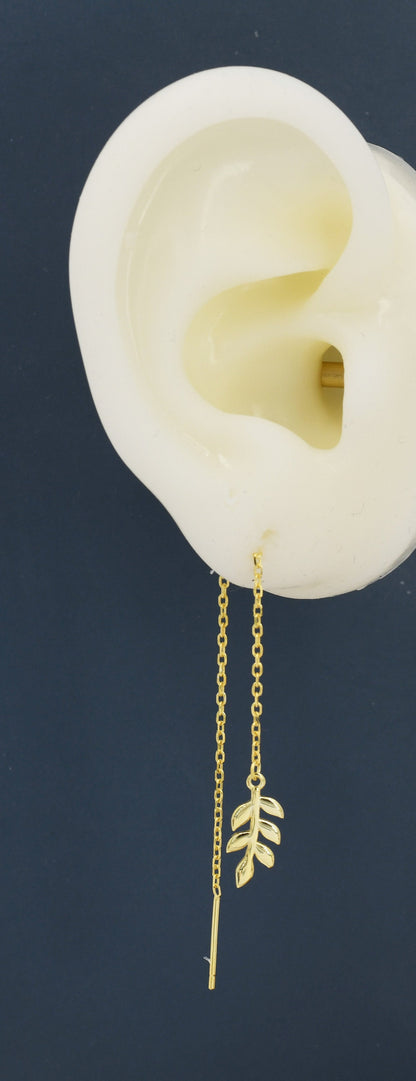 Delicate Leaf Threader Earrings in Sterling Silver, Olive Branch Earrings, Silver, Gold or Rose Gold, Long Threders