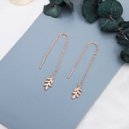 Delicate Leaf Threader Earrings in Sterling Silver, Olive Branch Earrings, Silver, Gold or Rose Gold, Long Threders