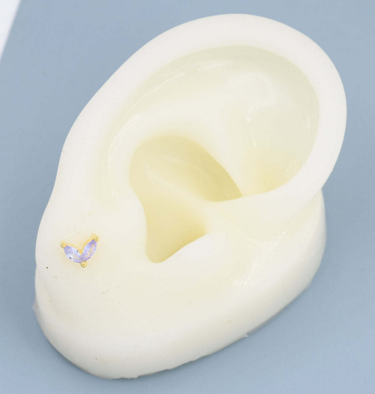 Sterling Silver Alexandrite Purple CZ Marquise Leaf Duo Barbell Earrings, Gold or Silver, Marquise Fan Screw back Earrings, Screwback