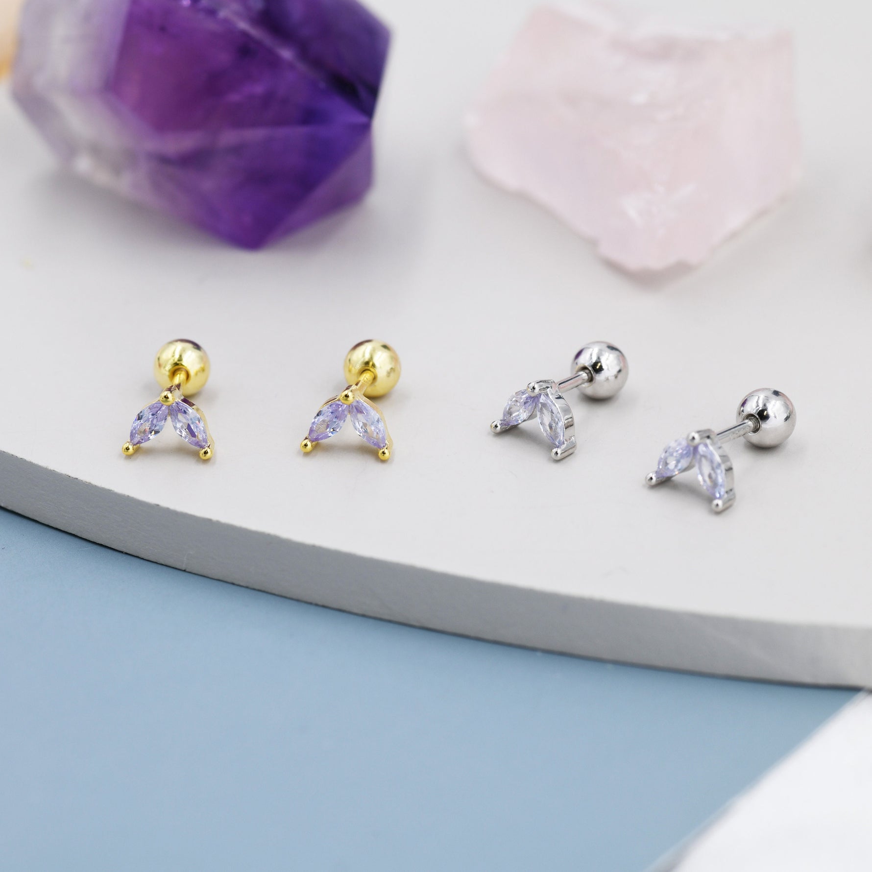 Sterling Silver Alexandrite Purple CZ Marquise Leaf Duo Barbell Earrings, Gold or Silver, Marquise Fan Screw back Earrings, Screwback