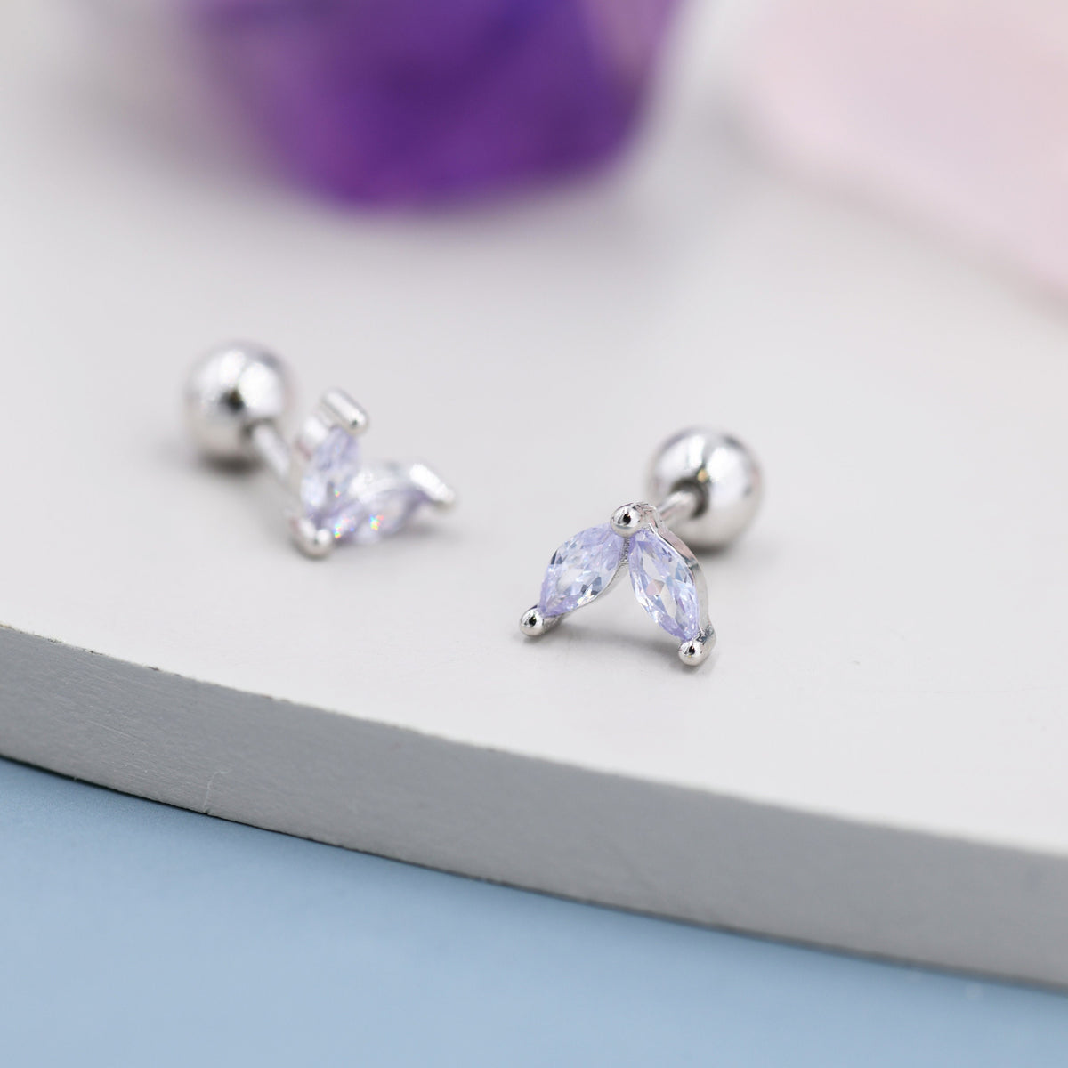 Sterling Silver Alexandrite Purple CZ Marquise Leaf Duo Barbell Earrings, Gold or Silver, Marquise Fan Screw back Earrings, Screwback