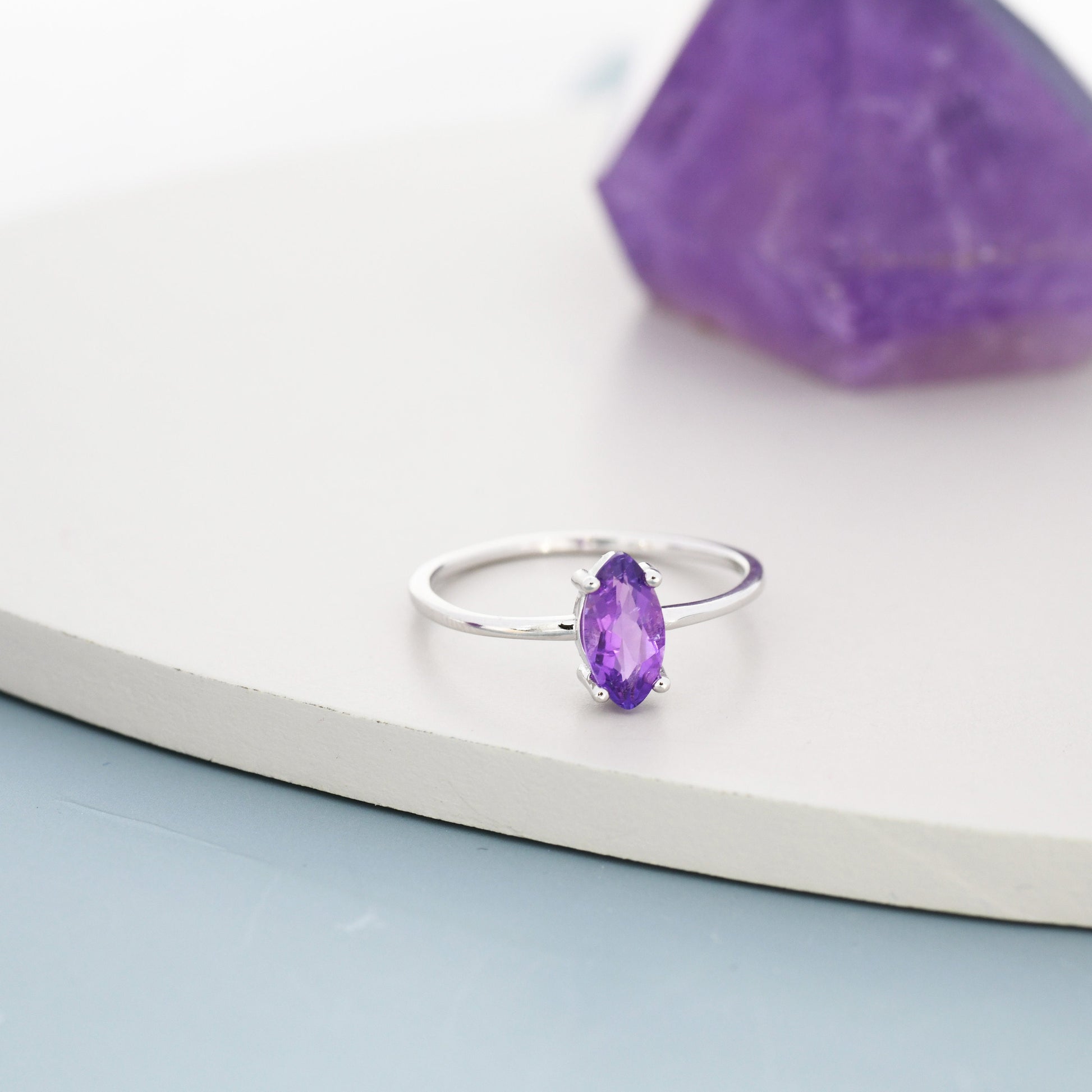 Genuine Amethyst Ring in Sterling Silver, Natural Marquise Cut Amethyst Stone Ring, Stacking Rings, US 5-8