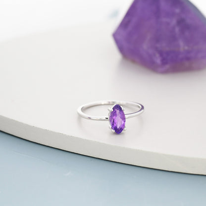 Genuine Amethyst Ring in Sterling Silver, Natural Marquise Cut Amethyst Stone Ring, Stacking Rings, US 5-8