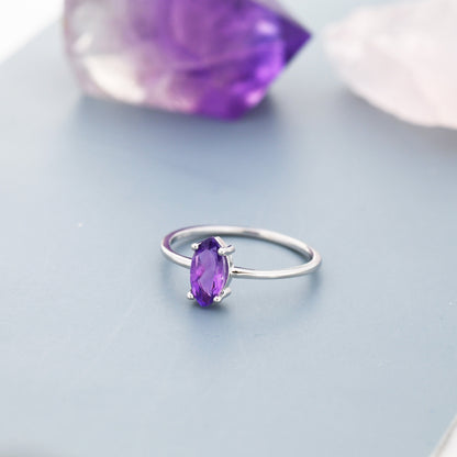 Genuine Amethyst Ring in Sterling Silver, Natural Marquise Cut Amethyst Stone Ring, Stacking Rings, US 5-8