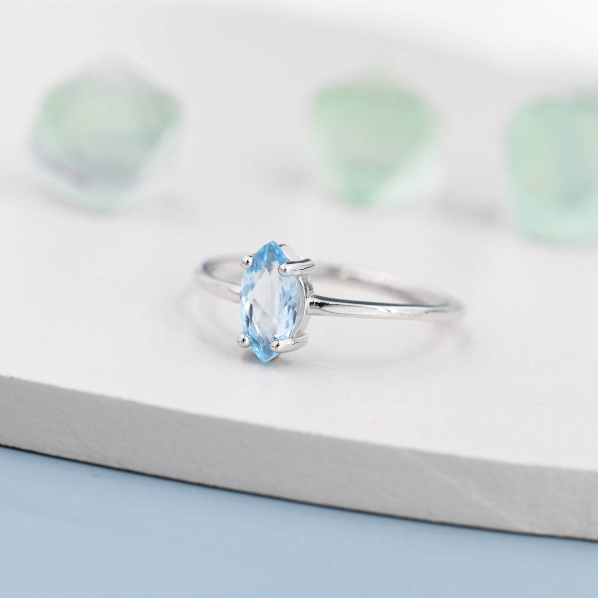 Genuine Sky Blue Topaz Ring in Sterling Silver, Natural Marquise Cut Topaz Stone Ring, Stacking Rings, US 5-8