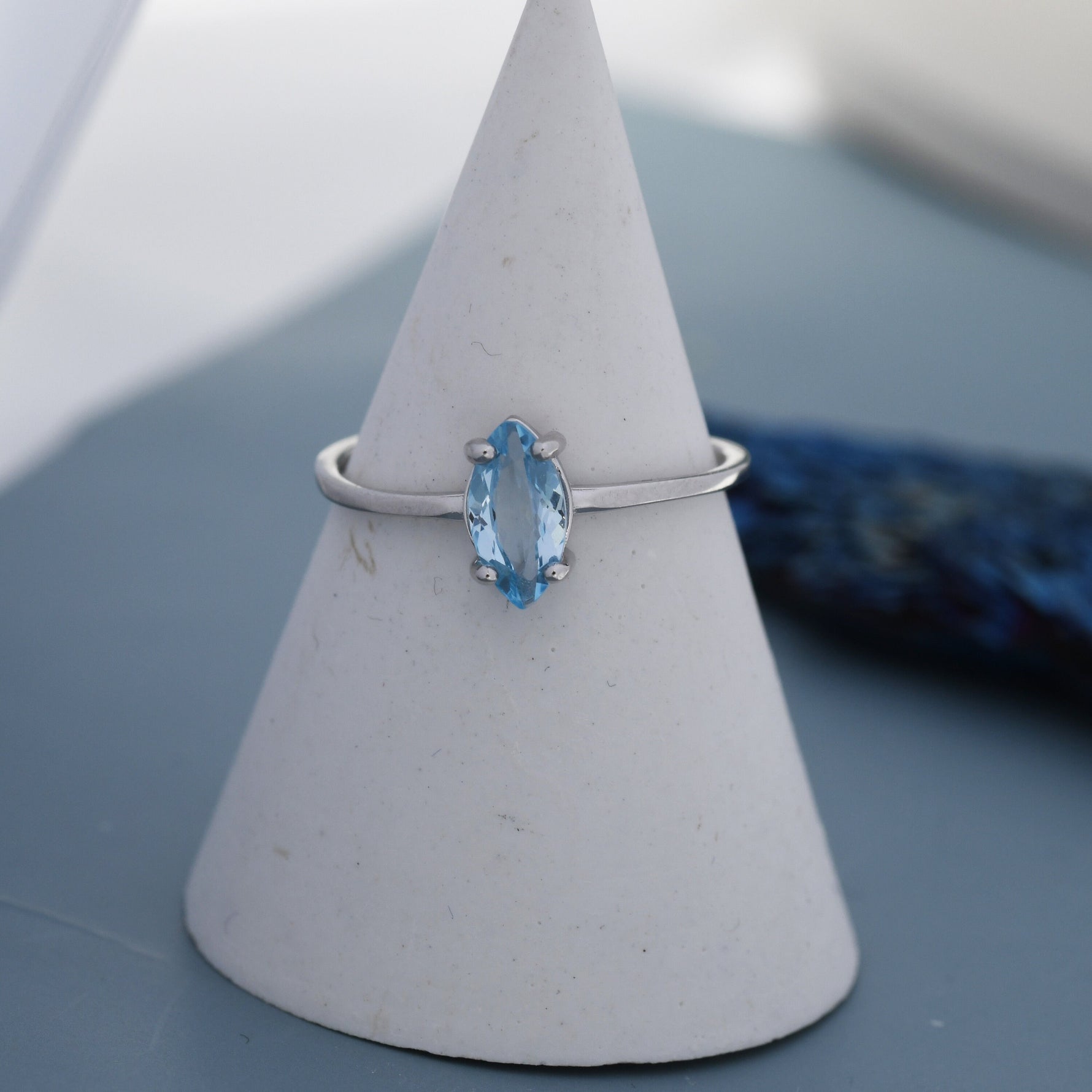 Genuine Sky Blue Topaz Ring in Sterling Silver, Natural Marquise Cut Topaz Stone Ring, Stacking Rings, US 5-8