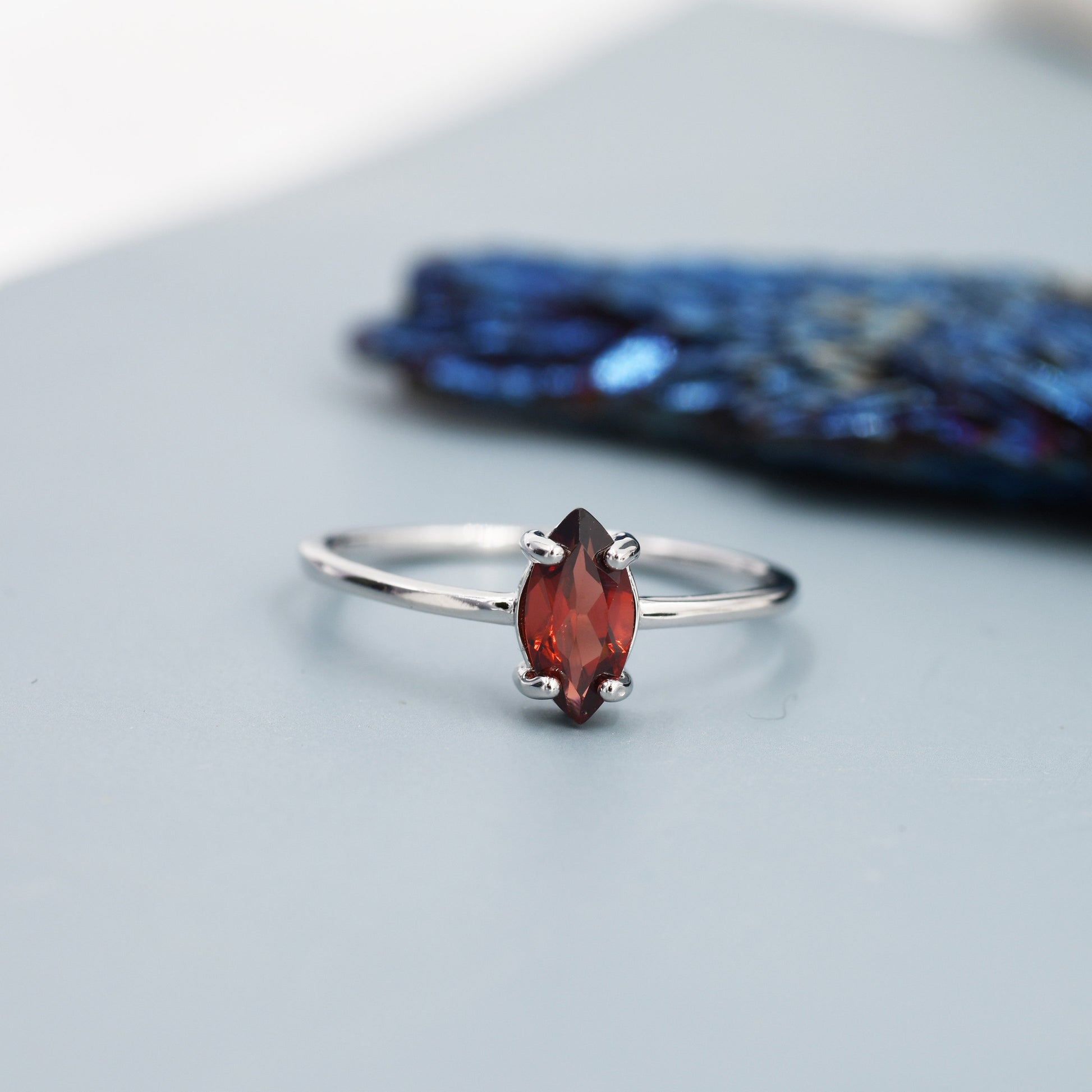 Genuine Red Garnet Ring in Sterling Silver, Natural Marquise Cut Garnet Stone Ring, Stacking Rings, US 5-8