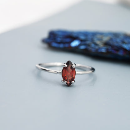 Genuine Red Garnet Ring in Sterling Silver, Natural Marquise Cut Garnet Stone Ring, Stacking Rings, US 5-8