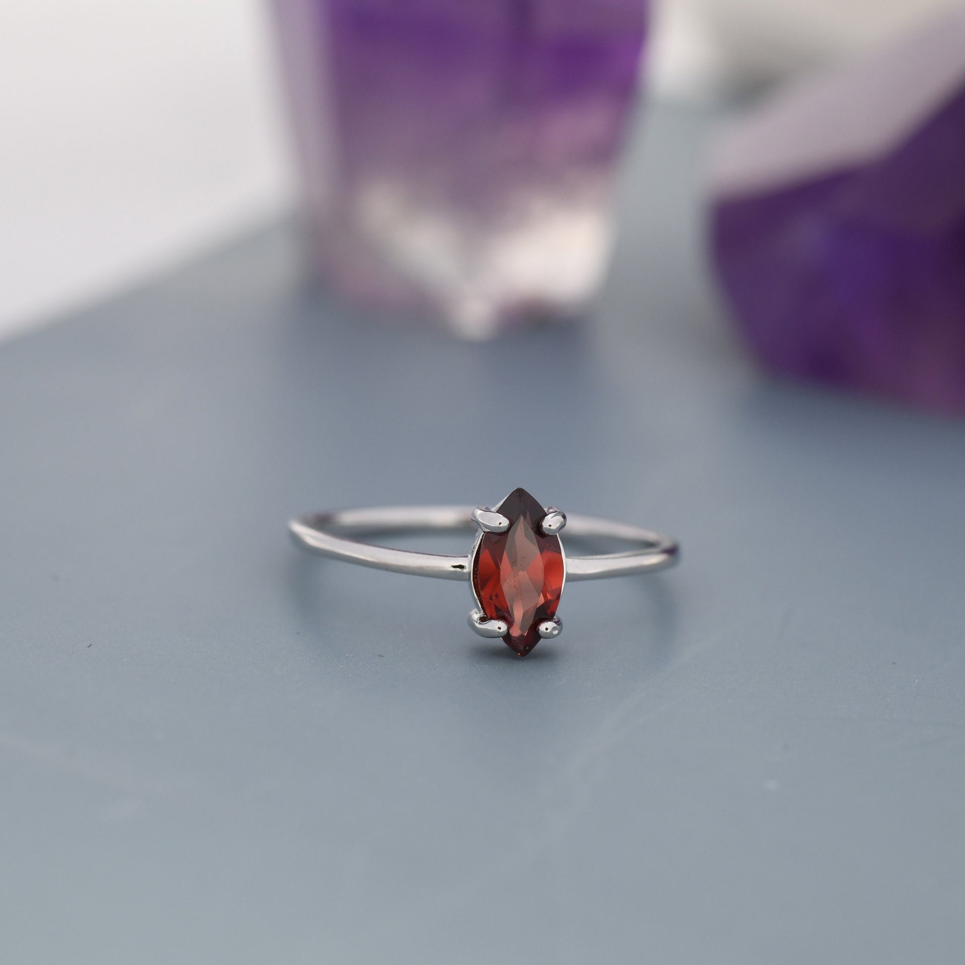 Genuine Red Garnet Ring in Sterling Silver, Natural Marquise Cut Garnet Stone Ring, Stacking Rings, US 5-8