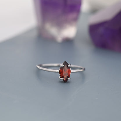 Genuine Red Garnet Ring in Sterling Silver, Natural Marquise Cut Garnet Stone Ring, Stacking Rings, US 5-8