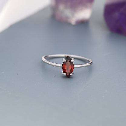 Genuine Red Garnet Ring in Sterling Silver, Natural Marquise Cut Garnet Stone Ring, Stacking Rings, US 5-8