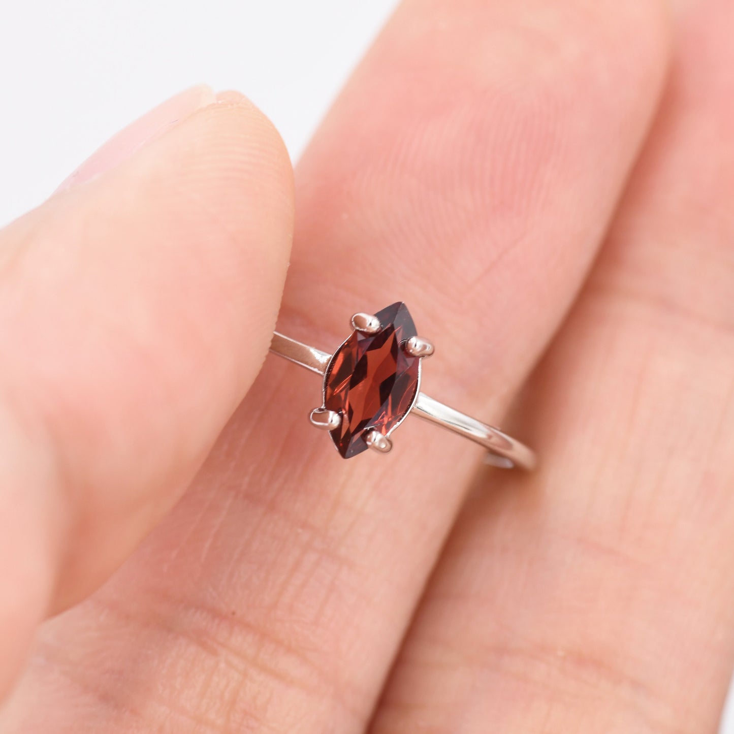 Genuine Red Garnet Ring in Sterling Silver, Natural Marquise Cut Garnet Stone Ring, Stacking Rings, US 5-8
