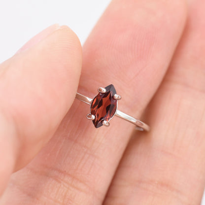 Genuine Red Garnet Ring in Sterling Silver, Natural Marquise Cut Garnet Stone Ring, Stacking Rings, US 5-8