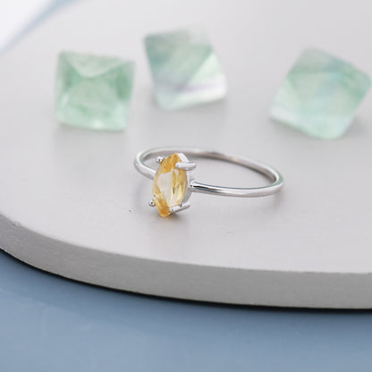 Genuine Yellow Citrine Ring in Sterling Silver, Natural Marquise Cut Citrine Stone Ring, Stacking Rings, US 5-8