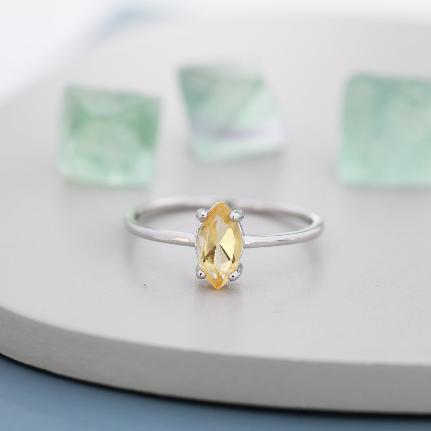 Genuine Yellow Citrine Ring in Sterling Silver, Natural Marquise Cut Citrine Stone Ring, Stacking Rings, US 5-8