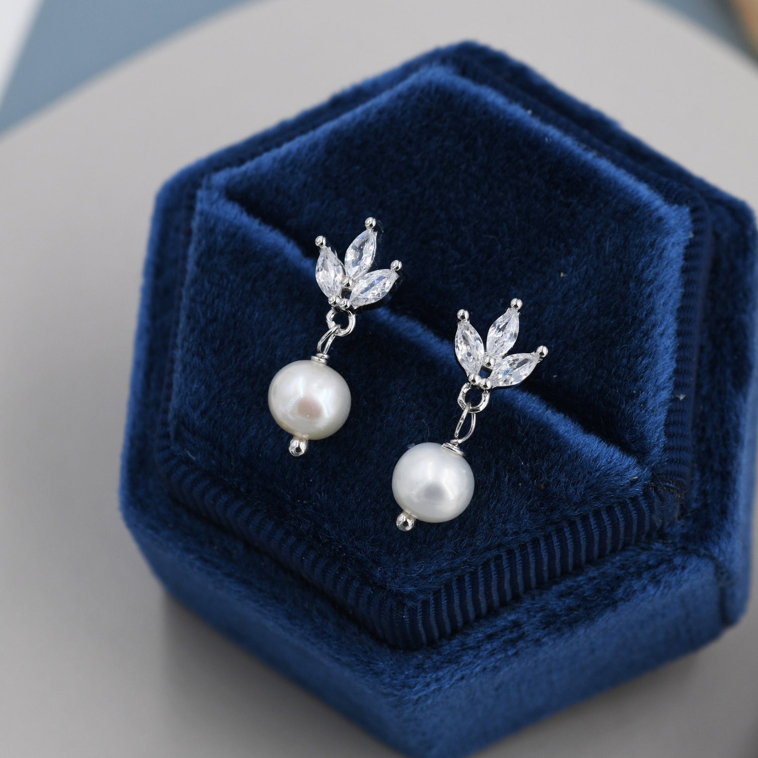 Marquise CZ Trio with Baroque Pearl Dangle Earrings in Sterling Silver, Delicate Keshi Pearl Drop Earrings,  Genuine Freshwater Pearls