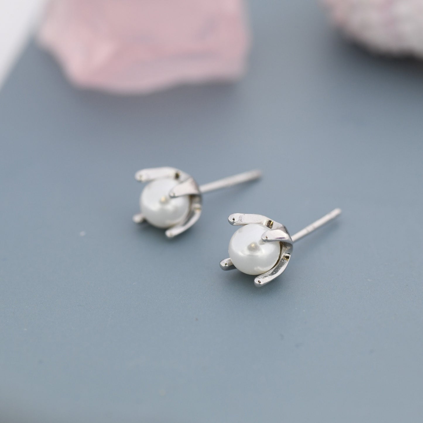 Tiny Pearl Stud Earrings in Sterling Silver, Silver or Gold or Rose Gold, Four Prong, 6mm Minimalist Pearl Earrings,