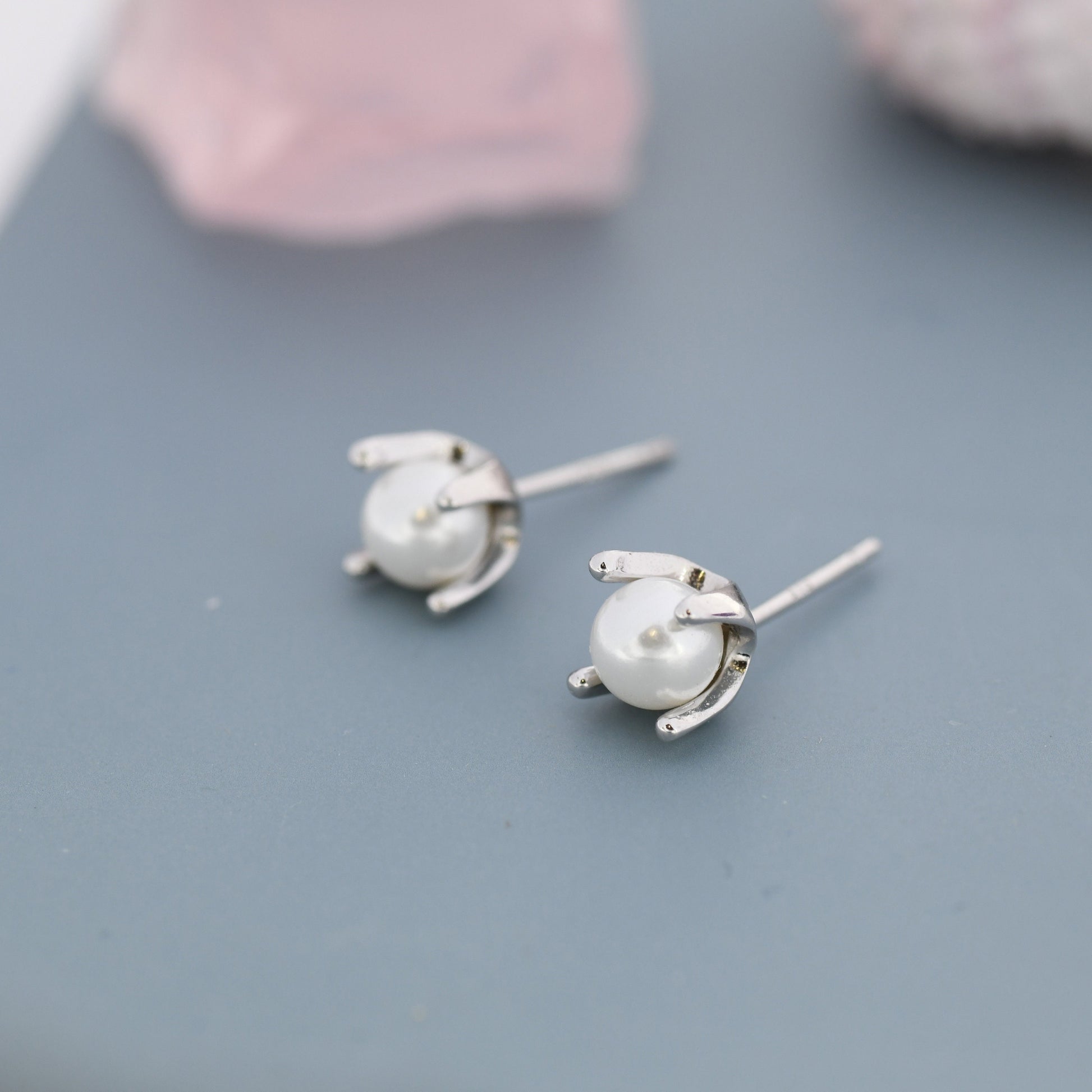Tiny Pearl Stud Earrings in Sterling Silver, Silver or Gold or Rose Gold, Four Prong, 6mm Minimalist Pearl Earrings,