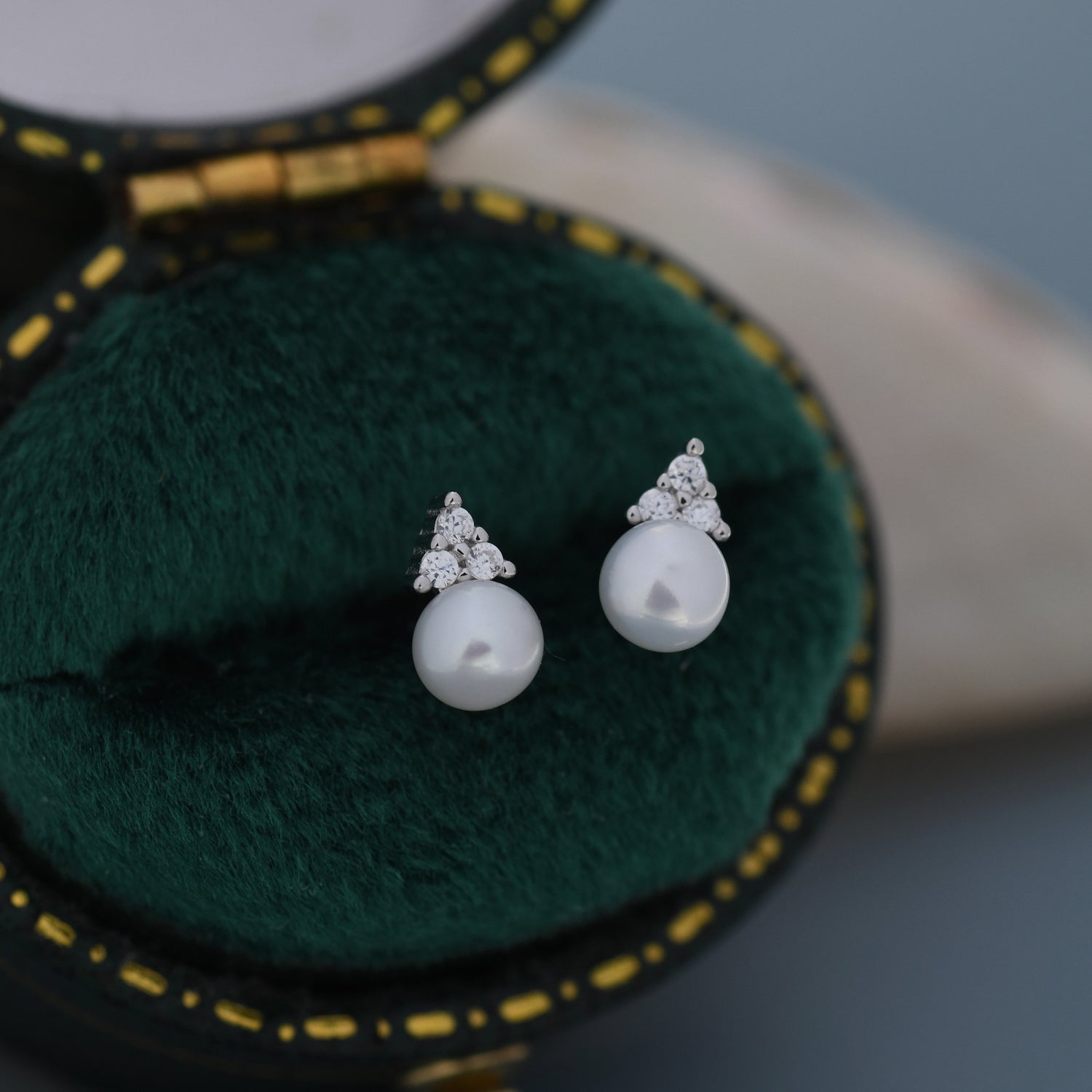 Genuine Freshwater Pearl CZ Trio Stud Earrings in Sterling Silver, Delicate Tiny Pearl and CZ Earrings, Trinity Pearl, Genuine Pearls.