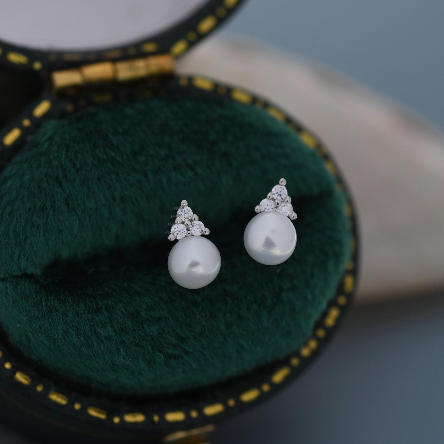 Genuine Freshwater Pearl CZ Trio Stud Earrings in Sterling Silver, Delicate Tiny Pearl and CZ Earrings, Trinity Pearl, Genuine Pearls.