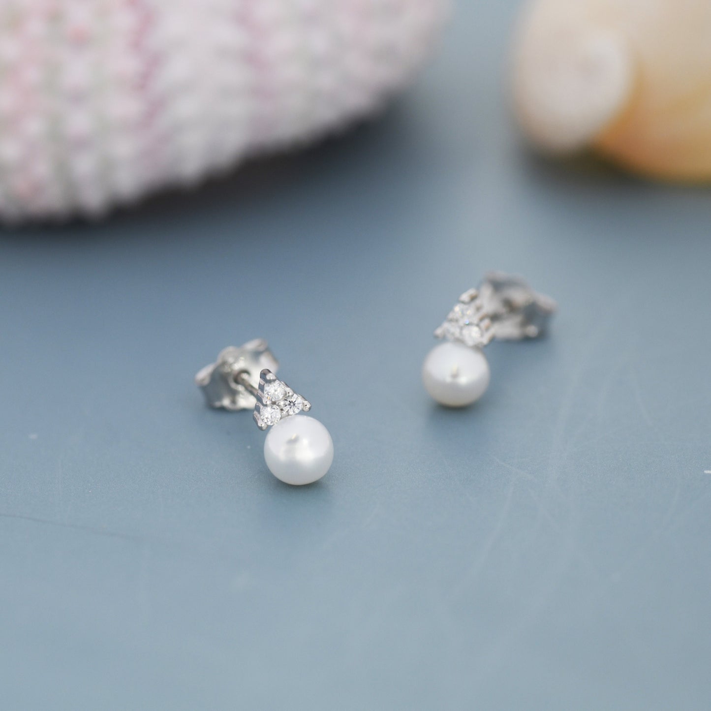 Genuine Freshwater Pearl CZ Trio Stud Earrings in Sterling Silver, Delicate Tiny Pearl and CZ Earrings,  Trinity Pearl, Genuine Pearls.