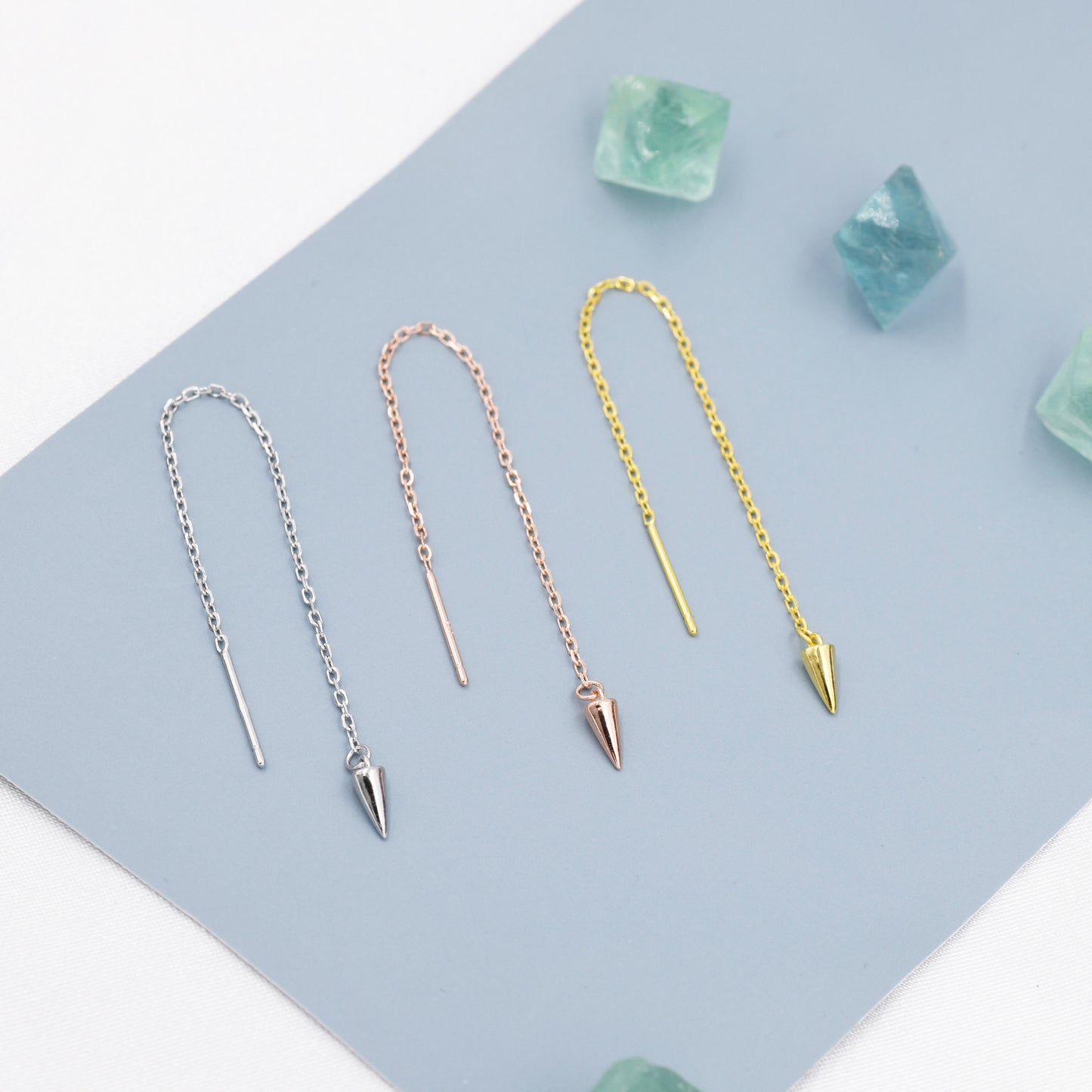 Dangling Spike Threader Earrings in Sterling Silver, Silver, Gold or Rose Gold, Arrow Ear Threaders, Pyramid Threaders