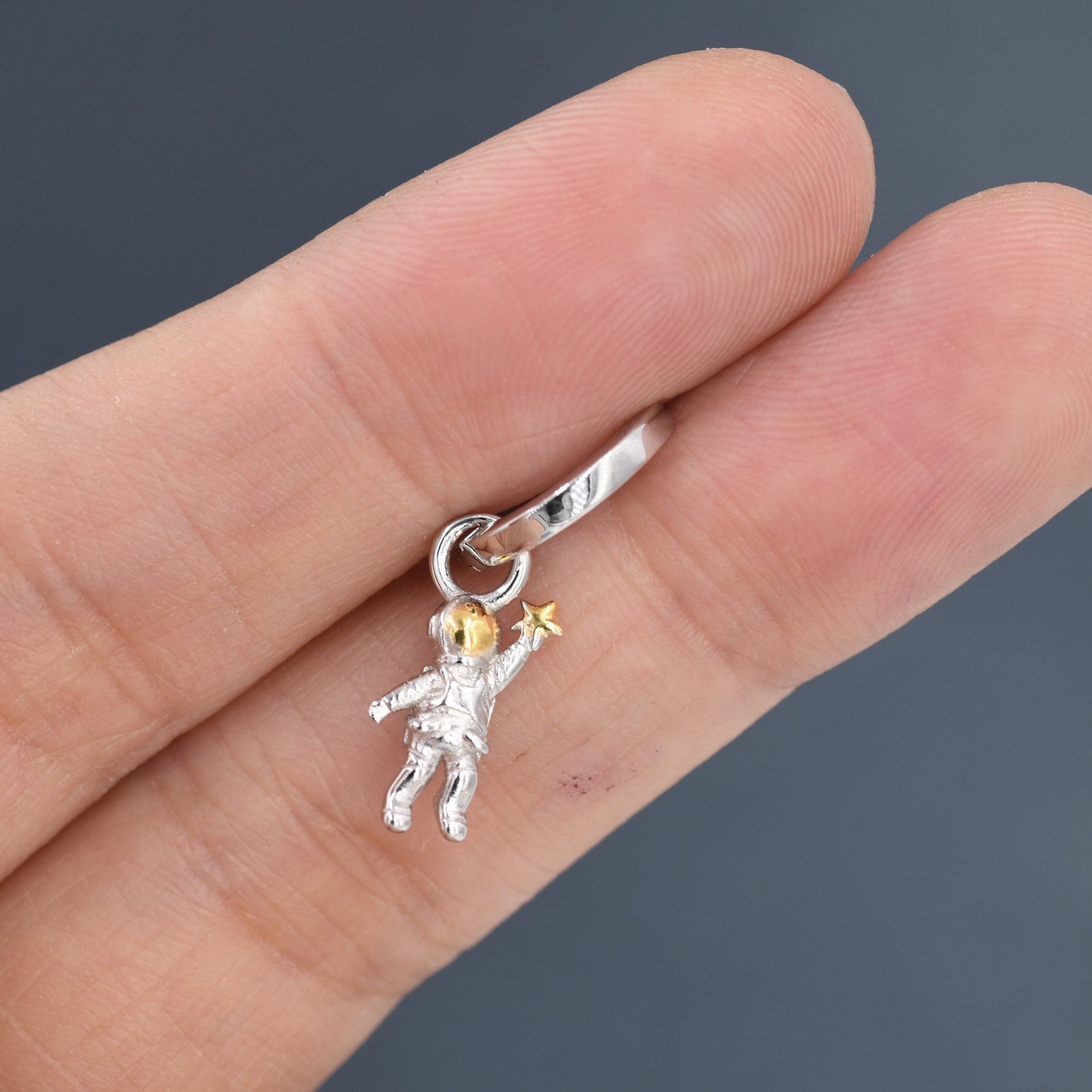 Little Astronaut Charmed Hoop Earrings in Sterling Silver - Cute Space Theme Huggie Hoop Earrings  -   Fun, Whimsical, Detachable