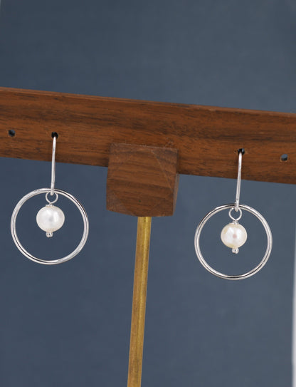 Genuine Freshwater Pearl and Circle Drop Earrings in Sterling Silver, Delicate Keshi Pearl Halo Earrings, Genuine Freshwater Pearls.