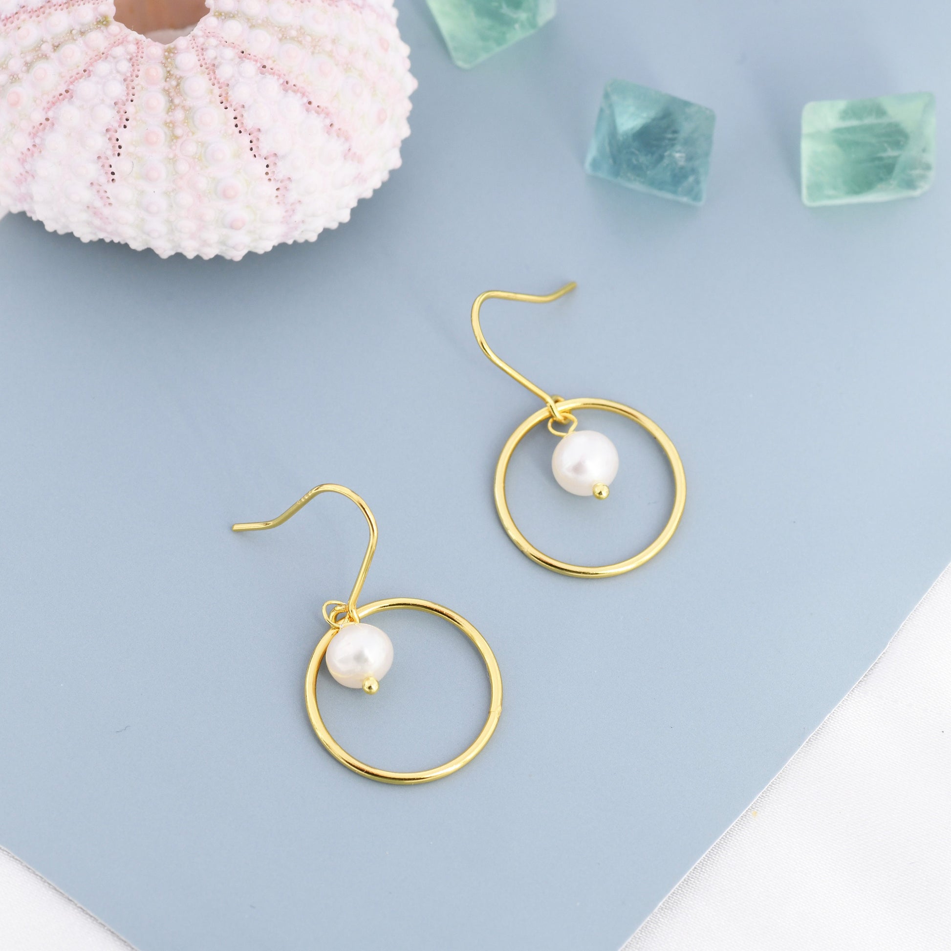 Genuine Freshwater Pearl and Circle Drop Earrings in Sterling Silver, Delicate Keshi Pearl Halo Earrings, Genuine Freshwater Pearls.