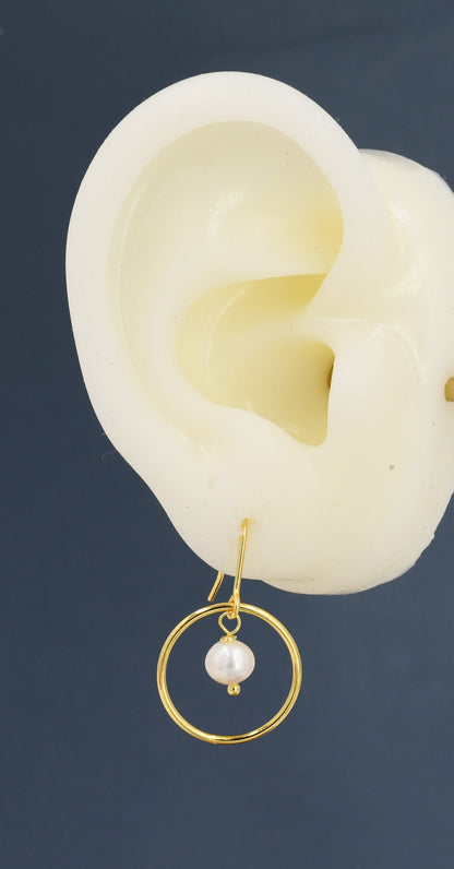 Genuine Freshwater Pearl and Circle Drop Earrings in Sterling Silver, Delicate Keshi Pearl Halo Earrings, Genuine Freshwater Pearls.