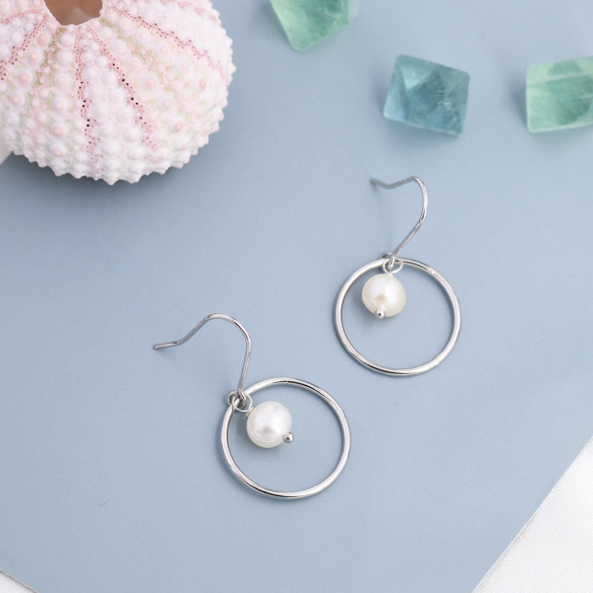 Genuine Freshwater Pearl and Circle Drop Earrings in Sterling Silver, Delicate Keshi Pearl Halo Earrings, Genuine Freshwater Pearls.