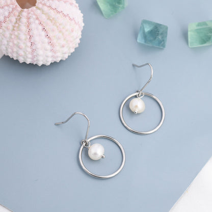 Genuine Freshwater Pearl and Circle Drop Earrings in Sterling Silver, Delicate Keshi Pearl Halo Earrings, Genuine Freshwater Pearls.