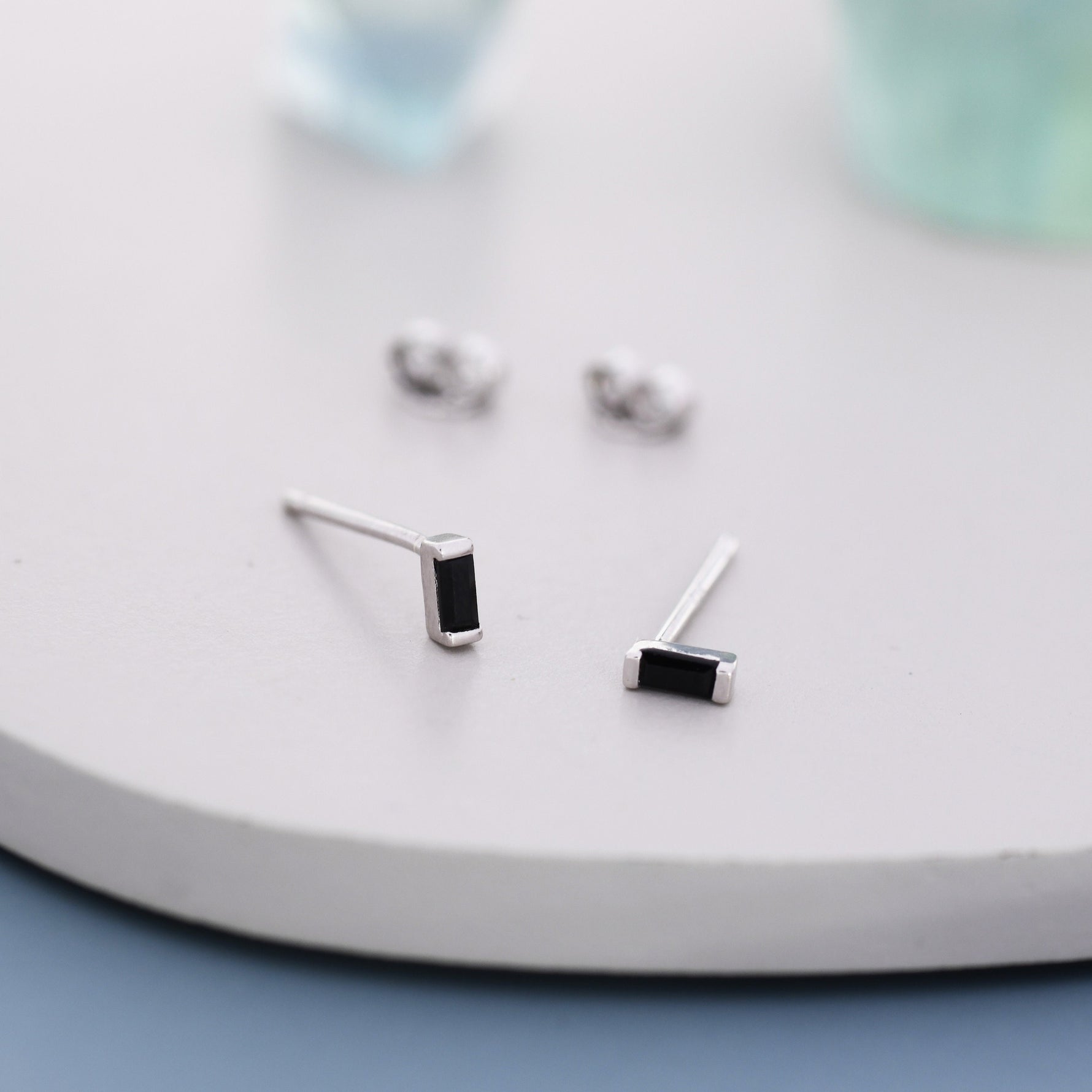 Tiny Black Baguette CZ Stud Earrings in Sterling Silver, Silver or Gold, Geometric Tiny CZ Earrings, Stacking Earrings