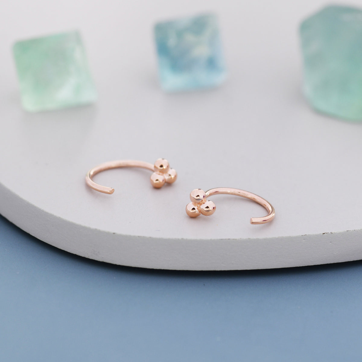 Tiny Three Ball Huggie Hoop Earrings in Sterling Silver, Three Ball Cluster Earrings, Open Hoops, Pull-Through Threader Earrings,