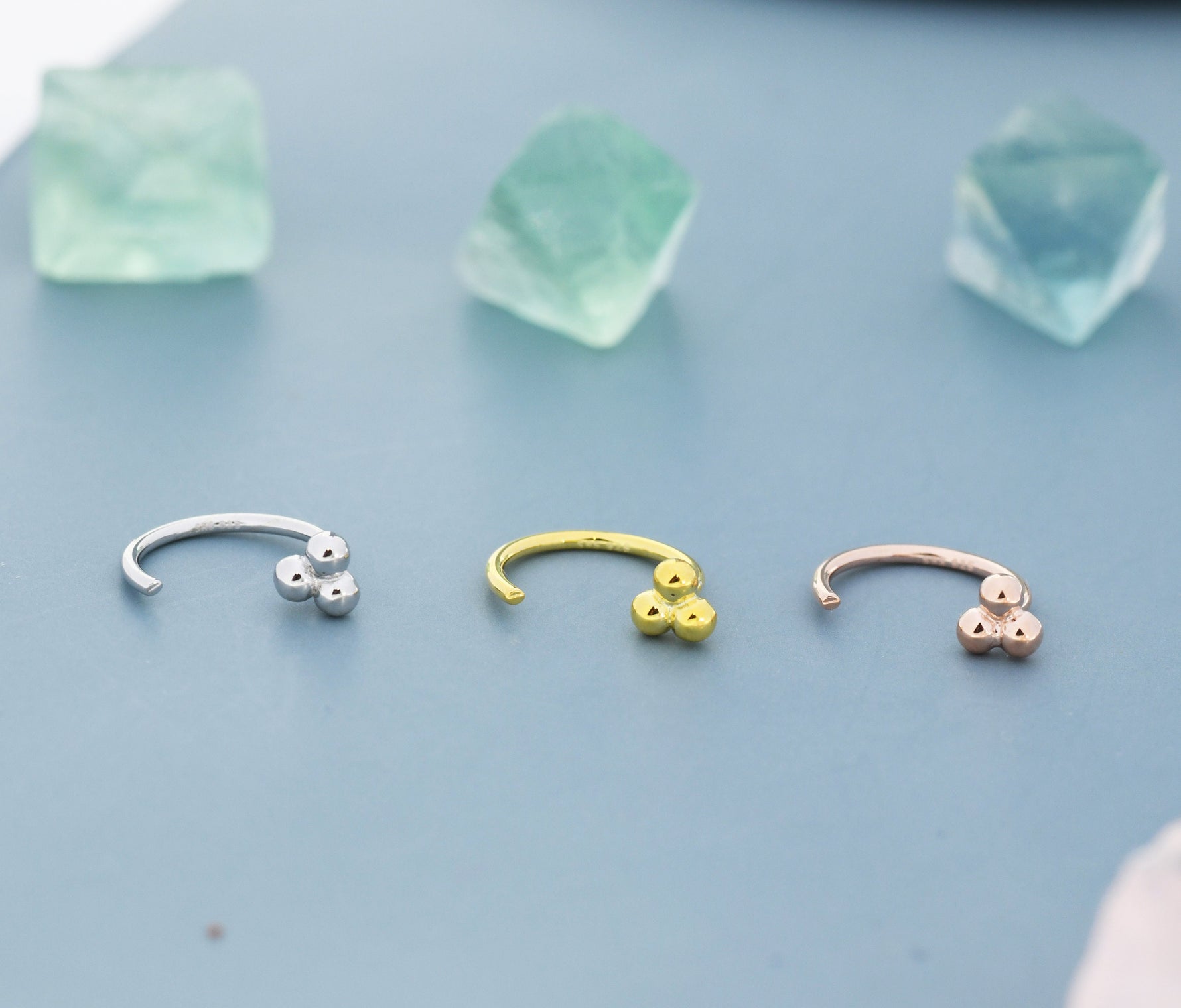 Tiny Three Ball Huggie Hoop Earrings in Sterling Silver, Three Ball Cluster Earrings, Open Hoops, Pull-Through Threader Earrings,