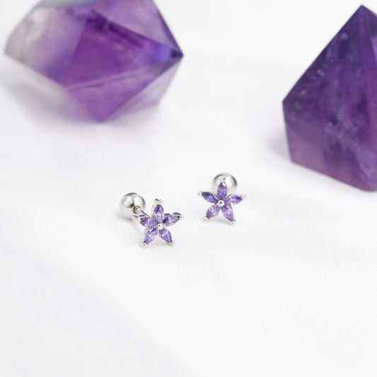 Sterling Silver Purple Amethyst CZ Flower Barbell Earrings,  Silver or Gold, Marquise CZ Screw Back Earrings, Stacking Earrings