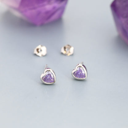 Sterling Silver Purple Heart CZ Stud Earrings, Silver or Gold, Heart Stud Earrings, Stacking Earrings