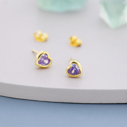 Sterling Silver Purple Heart CZ Stud Earrings, Silver or Gold, Heart Stud Earrings, Stacking Earrings