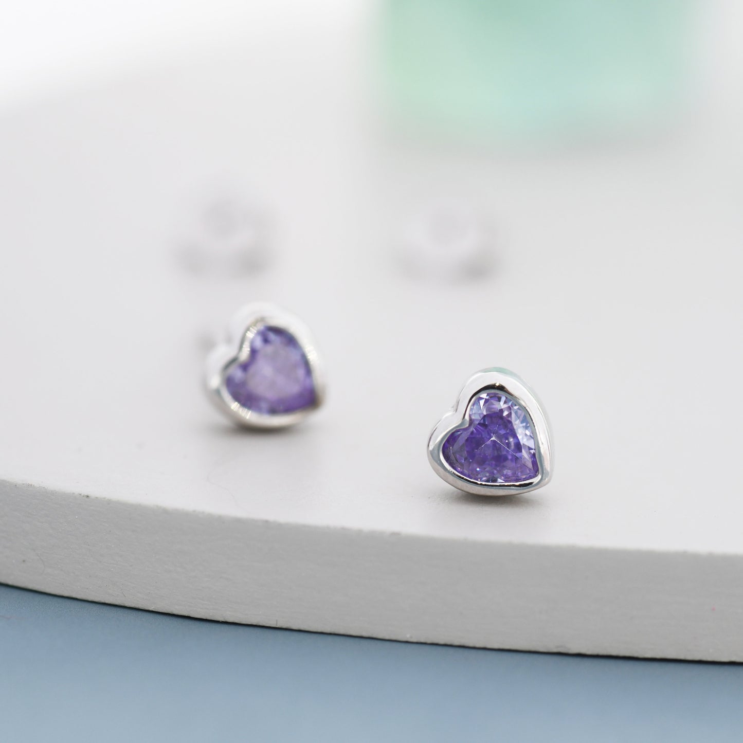Sterling Silver Purple Heart CZ Stud Earrings, Silver or Gold, Heart Stud Earrings, Stacking Earrings