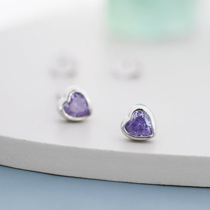 Sterling Silver Purple Heart CZ Stud Earrings, Silver or Gold, Heart Stud Earrings, Stacking Earrings