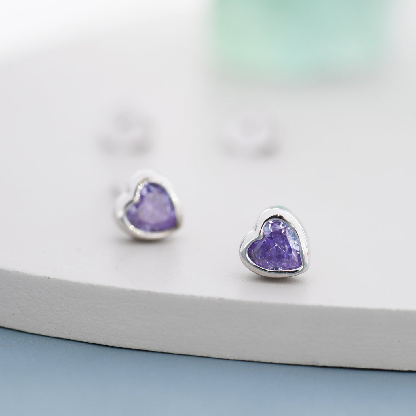 Sterling Silver Purple Heart CZ Stud Earrings,  Silver or Gold, Heart Stud Earrings, Stacking Earrings