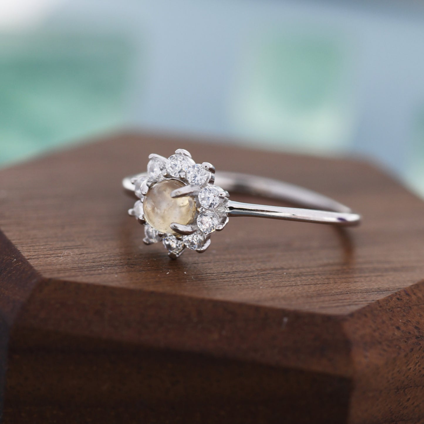 Genuine Citrine Halo Ring in Sterling Silver, US 5 - 8, Natural Citrine Gemstone Ring,  Crystal Flower Ring