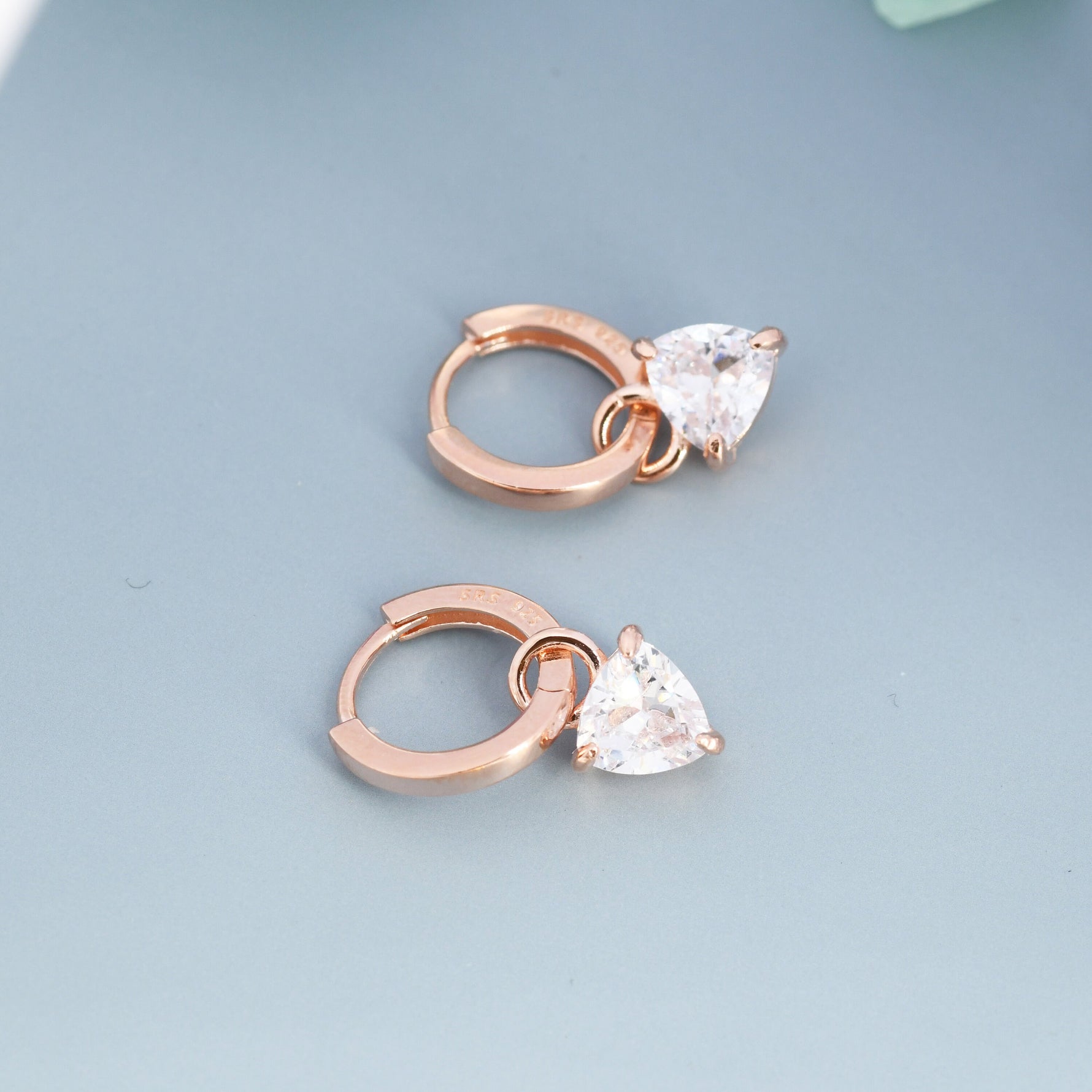 Sterling Silver Trillion Cut CZ Hoop Earrings, Silver, Gold or Rose Gold, Triangle Dangle Hoop Earrings, Interchangeable Charms