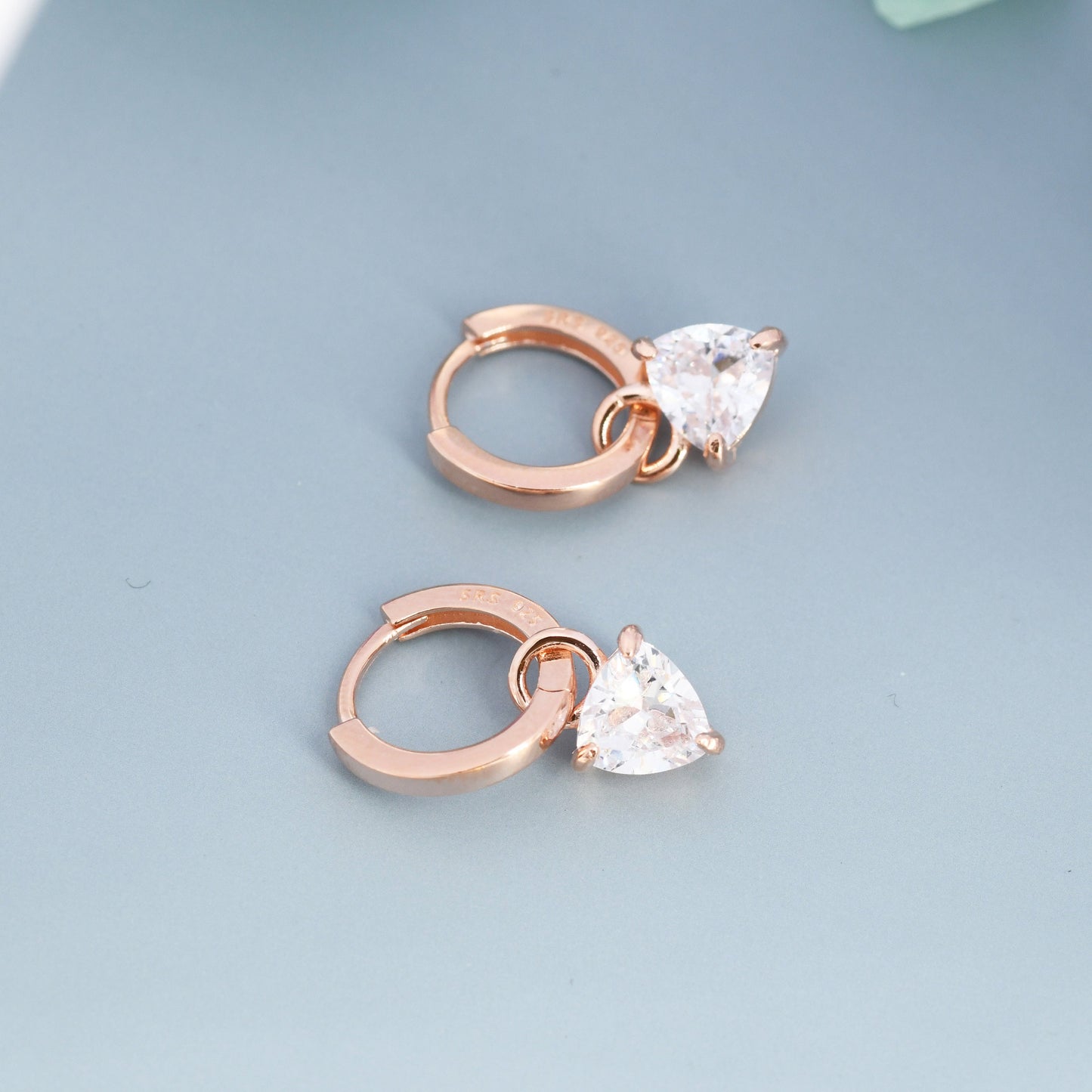 Sterling Silver Trillion Cut CZ Hoop Earrings, Silver, Gold or Rose Gold, Triangle Dangle Hoop Earrings,  Interchangeable Charms