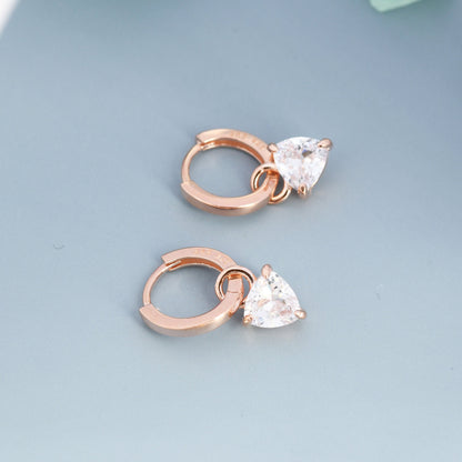 Sterling Silver Trillion Cut CZ Hoop Earrings, Silver, Gold or Rose Gold, Triangle Dangle Hoop Earrings,  Interchangeable Charms