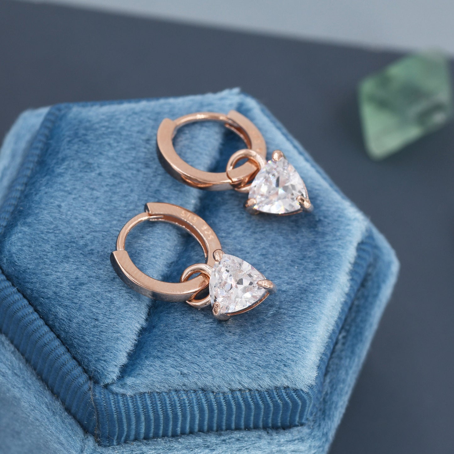 Sterling Silver Trillion Cut CZ Hoop Earrings, Silver, Gold or Rose Gold, Triangle Dangle Hoop Earrings,  Interchangeable Charms