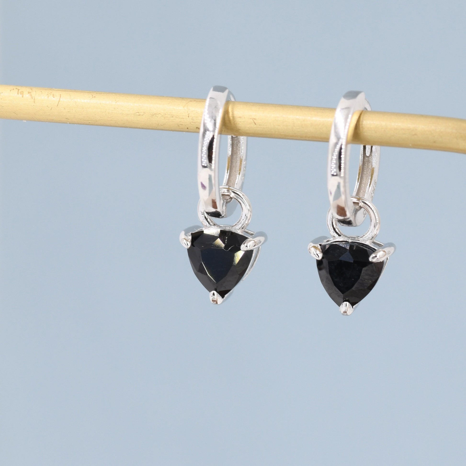 Sterling Silver Black Trillion Cut CZ Hoop Earrings, Silver or Gold, Triangle Dangle Hoop Earrings, Interchangeable Charm