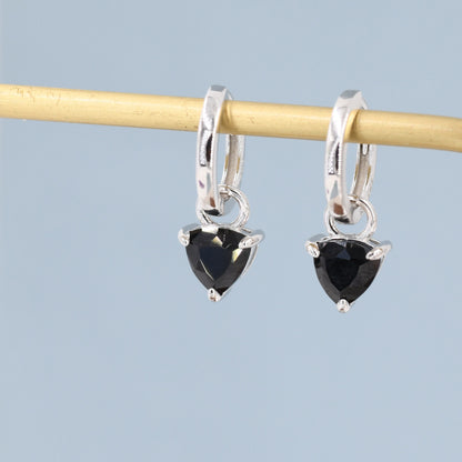 Sterling Silver Black Trillion Cut CZ Hoop Earrings, Silver or Gold, Triangle Dangle Hoop Earrings, Interchangeable Charm
