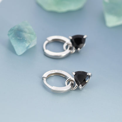 Sterling Silver Black Trillion Cut CZ Hoop Earrings, Silver or Gold, Triangle Dangle Hoop Earrings, Interchangeable Charm