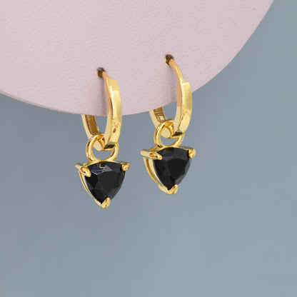 Sterling Silver Black Trillion Cut CZ Hoop Earrings, Silver or Gold, Triangle Dangle Hoop Earrings, Interchangeable Charm